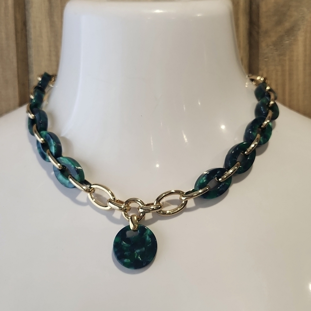 Ann Taylor Green Tortoise Shell Statement Necklac… - image 1